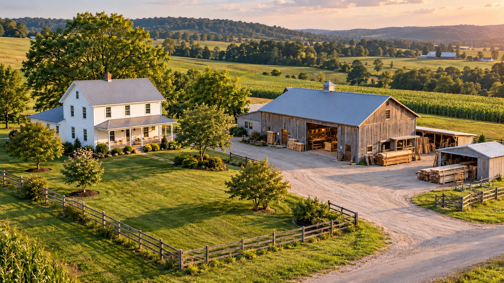 Amish furniture workshop and farmhouse in the countryside