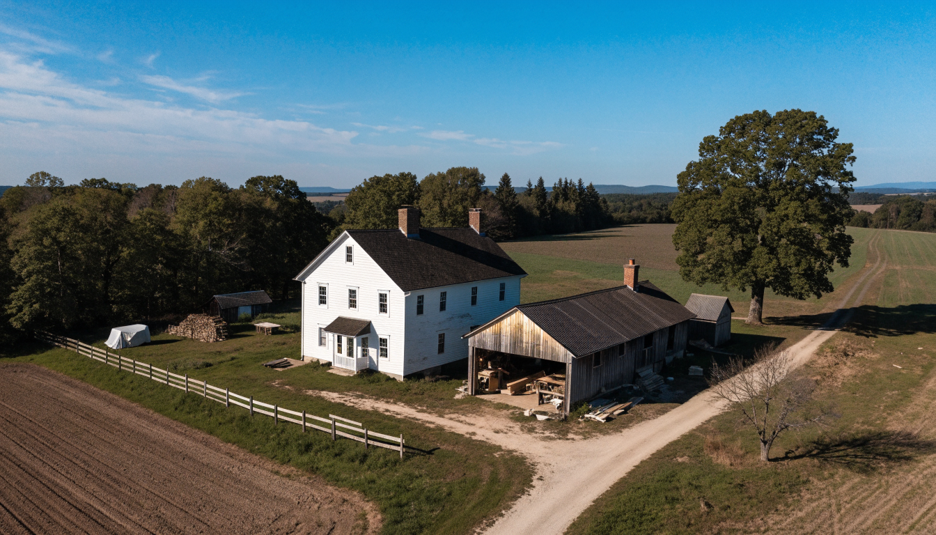 Amish farmhouse and woodworking shop surrounded by fields