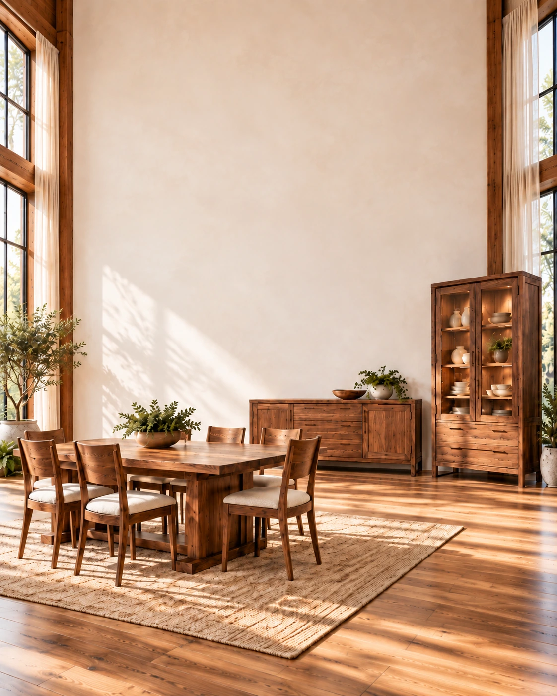Sunlit room furnished with handcrafted walnut furniture